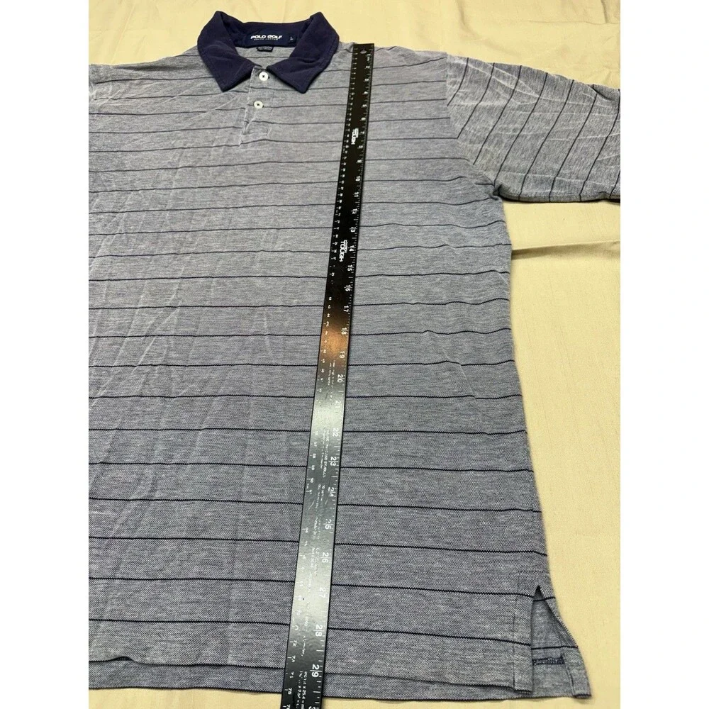 Polo Golf Ralph Lauren Shirt Mens L Gray Blue Striped Vintage Short Sleeve Pique